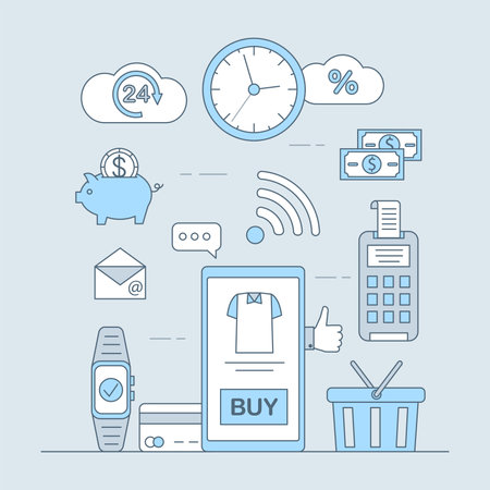 Shopping application, online payment vector cartoon outline illustration. Wireless payment on POS terminal.のイラスト素材