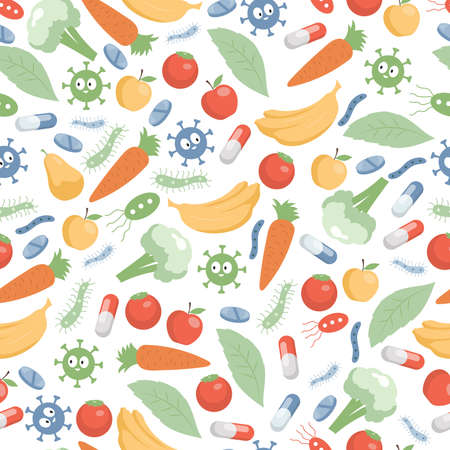 Vegetables, fruits, cells, pills, and microflora vector flat seamless pattern. Vitamins, supplements, and minerals.のイラスト素材