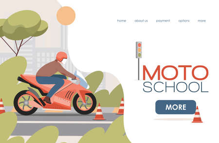 Moto school vector flat landing page template. Man riding on motor bike, learn rules to pass driving exams.のイラスト素材