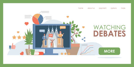 Watching debates vector flat web page template. Display with debate of political candidates.のイラスト素材