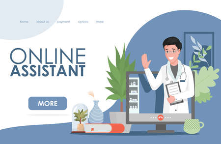 Online assistant vector flat landing page template. Medical service concept with doctor at computer screen.のイラスト素材