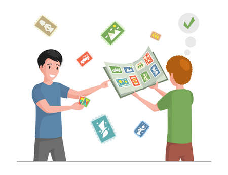 Happy smiling boys collecting postmarks vector flat illustration. Philately hobby concept.のイラスト素材