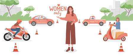 Driving school for women only vector flat banner design. Women driving motorcycles, cars, trucks, and scooters.のイラスト素材