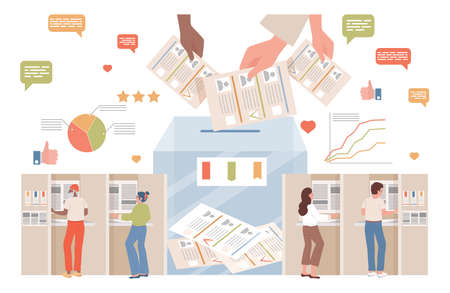 People making choice and vote at voting station vector flat illustration. Hands putting voting ballots in box.のイラスト素材