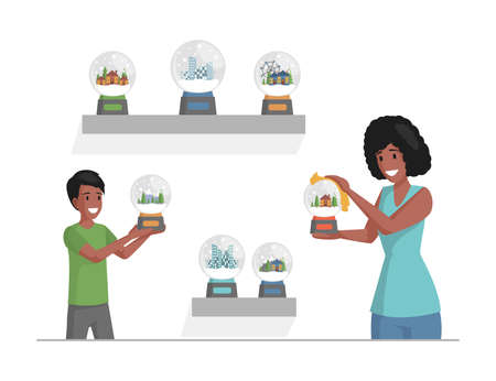 Mother and son wiping dust off glass snow globes vector flat illustration. Home decorations, winter city.のイラスト素材