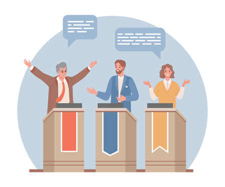 Three politicians discussing at tribunes vector flat illustration. Pre election campaign, elections concept.のイラスト素材