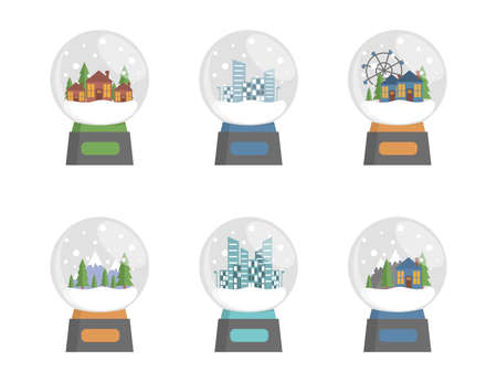 Set of glass snow globes with city landscape, villages, forest, buildings vector flat illustration.のイラスト素材