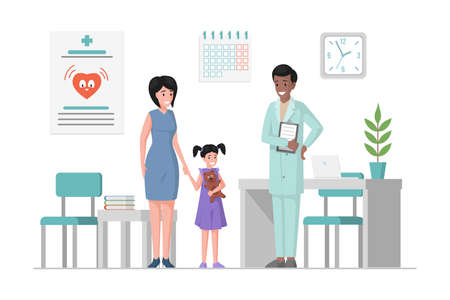 Mother and daughter at a doctor appointment vector flat cartoon illustration. Pediatrician consulting woman and girl.のイラスト素材