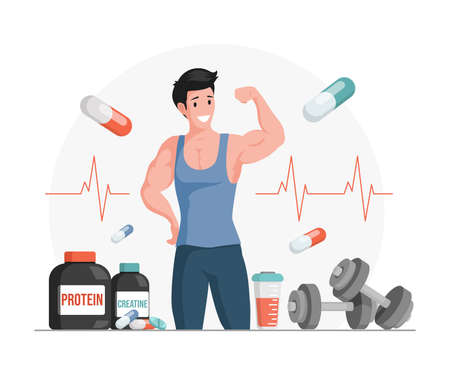 Athlete showing muscles vector cartoon illustration. Bottles and shaker with protein and creatine.のイラスト素材