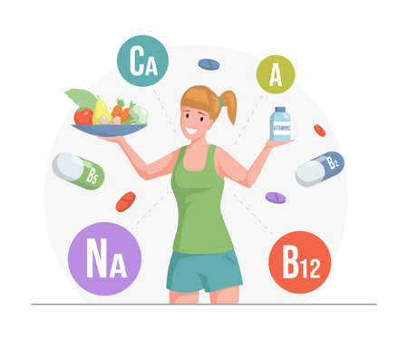 Woman holding plate with fruits and vegetables and bottle with vitamins vector flat cartoon illustration.のイラスト素材