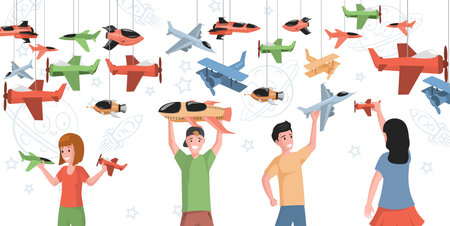Happy smiling kids playing with toy airplanes vector flat illustration. Young boys and girls holding rockets in hands.のイラスト素材