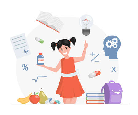 Happy smiling girl in red dress holding plastic bottle with vitamins vector flat cartoon illustration.のイラスト素材
