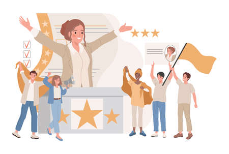 Woman standing at tribune with raised hands, calling to vote for her. Pre election campaign.のイラスト素材