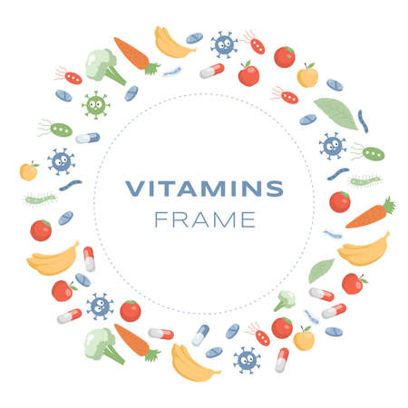 Vitamins round frame vector flat cartoon illustration. Supplements and minerals for health and active lifestyle.のイラスト素材