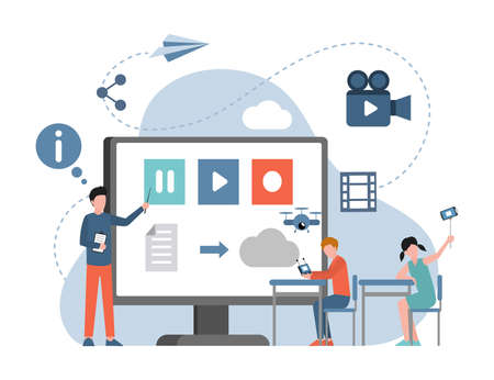 People learning how to make content for social media vector flat illustration. Podcast, streaming service.のイラスト素材