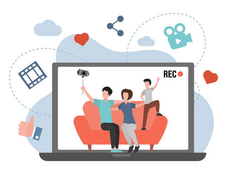 Family making video blog about their life vector flat illustration. Bloggers make content for social media.のイラスト素材