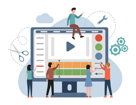 People making and editing video for social media vector flat illustration. Bloggers make content for internet blog.のイラスト素材