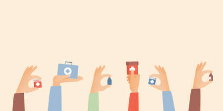 Hands holding bottles with pills and mixtures, travel first aid kit vector flat illustration. Medicaments to treat illness.のイラスト素材