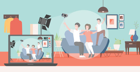 Happy family making video blog about their life vector flat illustration. People make content for social media.のイラスト素材