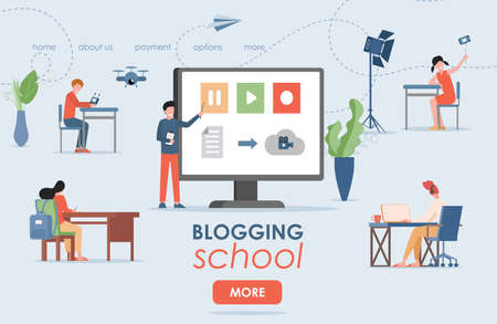 Blogging school vector flat landing page template with text space. Podcast, video blog, internet blog, streaming service.のイラスト素材