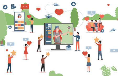 People watching vlog on the internet, like and subscribe to blogger vector flat illustration. Social media concept.のイラスト素材