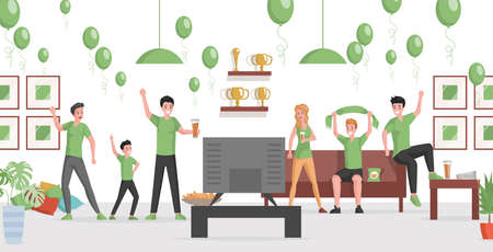 Happy smiling group of people in green t-shirts Watching match on TV vector flat illustration.のイラスト素材