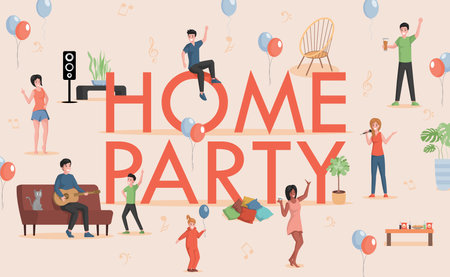 Home party word vector flat banner design. People celebrating. Women, men, and children dancing, singing.のイラスト素材