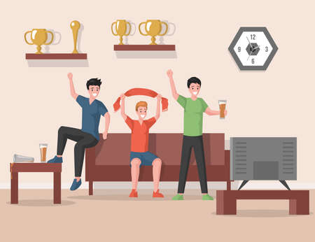 Happy smiling friends watching match on TV and supporting favorite team vector flat illustration.のイラスト素材