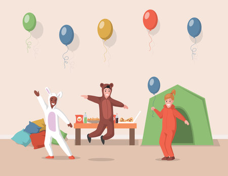 Happy boys and girls in bear and rabbit costumes having fun indoor at kids party vector flat illustration.のイラスト素材