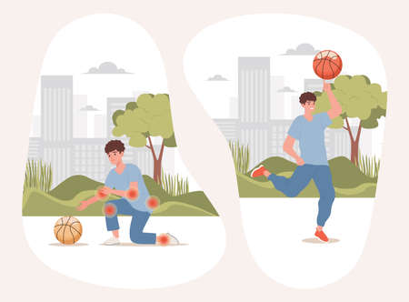 Boy with body pains trying to take ball, happy active man playing with basketball in city park vector flat illustration.のイラスト素材