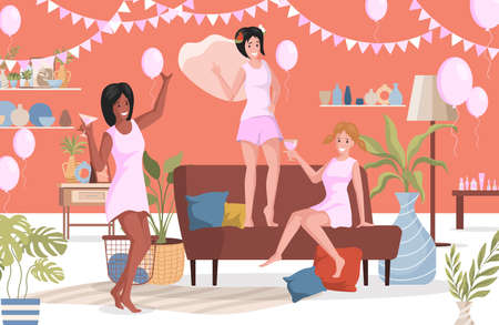 Happy women in night clothes having girls night at home vector flat illustration. Women celebrating.のイラスト素材