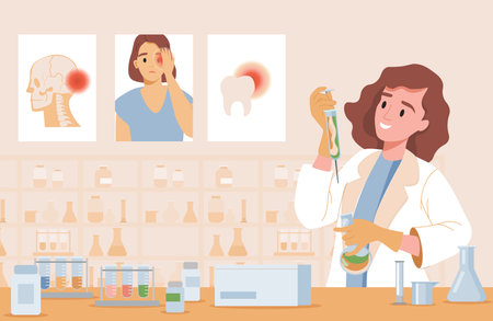 Happy smiling woman in lab coat making new treatment from different body pains vector flat illustration.のイラスト素材