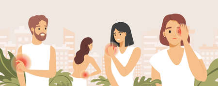 Sad people suffering from pain in different body parts vector flat illustration. Body aches, people feeling pain.のイラスト素材