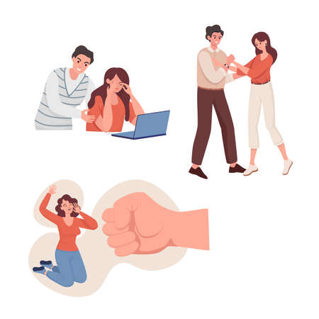 Emotional abuse and domestic violence vector flat illustration. Family, social violence problems concept.のイラスト素材