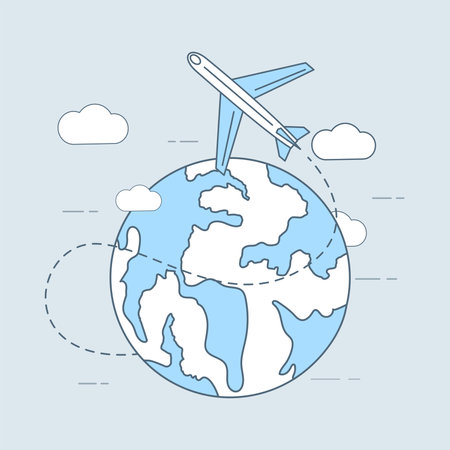 Air travel vector cartoon outline illustration. Plane flying around the planet. Airplane flying around the globe.のイラスト素材