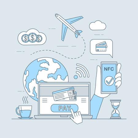 Buying tickets through website vector cartoon outline illustration. Wireless payment with credit or debit card.のイラスト素材
