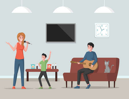 Home party vector flat illustration. Family spending time together indoors. People celebrating birthday or holiday.のイラスト素材