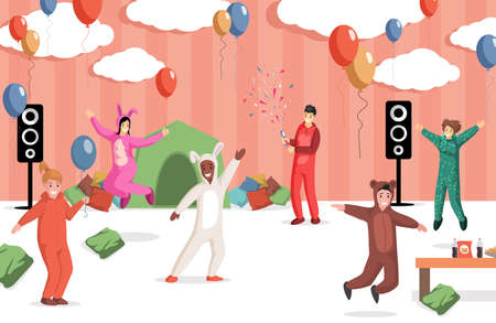 Smiling happy children in bear and rabbit costumes having fun indoor at kids party vector flat illustration.のイラスト素材