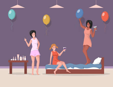 Bachelorette party vector flat illustration. Women in night clothes and pajamas having fun vector flat illustration.のイラスト素材