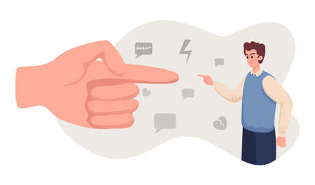 Angry man arguing with big hand vector flat illustration. Emotional abuse, bullying, harassment concept.のイラスト素材