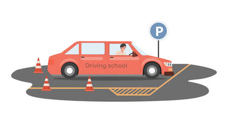 Driving school vector flat illustration. Man driving car and preparing for passing exams for driver license.のイラスト素材