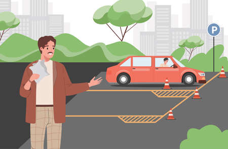 Car instructor teaching young man to drive a car during driving lessons vector flat illustration.のイラスト素材