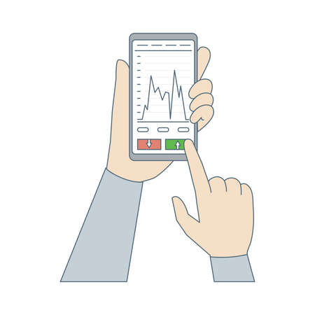 Hands holding smartphone with stocks price chart vector cartoon outline illustration isolated on white.のイラスト素材