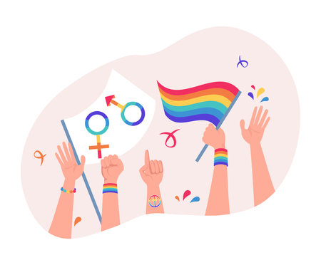 Lesbian, gay, bisexual, transgender, and queer people pride parade vector flat illustration.のイラスト素材
