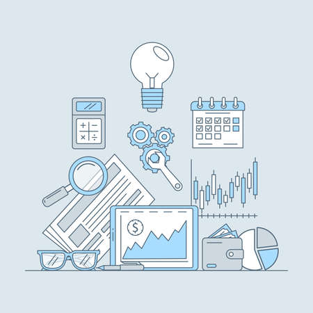 Business, online investing, or banking application vector cartoon outline illustration. Career and business planning.のイラスト素材