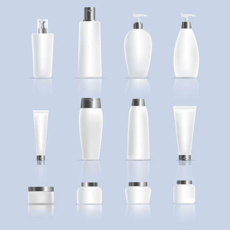 Set of different bottles, jars and tubes of cosmetic products isolated on blue background. Beauty products concept.のイラスト素材