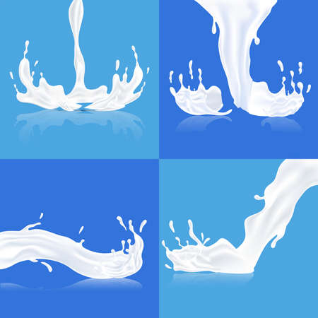 Realistic splashes of milk with drops vector illustration. Falling white liquid, pouring beverage.のイラスト素材