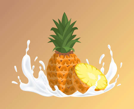 Pineapple and splash of white liquid cartoon illustration. Natural organic cosmetic, yogurt based on tropical fruits.のイラスト素材