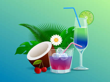 Summer cocktails decorated with flowers, cherries, tropical leaves, coconut, lime, and straws vector cartoon illustration.のイラスト素材