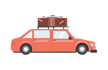 Red car with luggage on the roof vector flat illustration isolated on white background. Machine for tourism.のイラスト素材